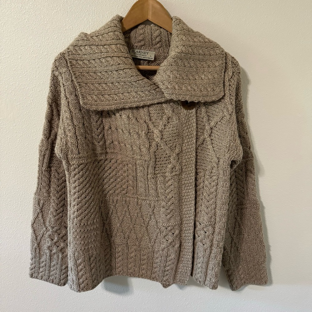 Blarney Woolen Mills Carraig Donn Patchwork One Button Aran Cardigan Tan-L